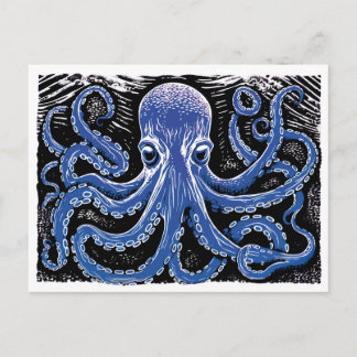 Carte Postale Linocut Blue Kraken dans l'océan