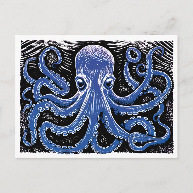 Carte Postale Linocut Blue Kraken dans l'océan (Devant)