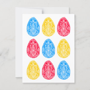Carte Postale Linocut d'Oeuf de Pâques bleu/rouge/jaune rustique
