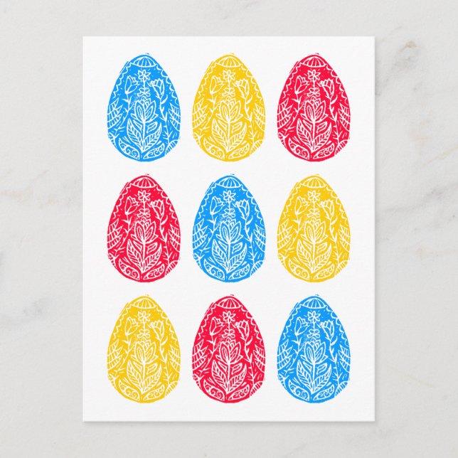 Carte Postale Linocut d'Oeuf de Pâques bleu/rouge/jaune rustique (Devant)