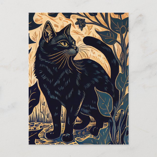 Carte Postale Linocut d'un chat noir parmi les Plantes avec Ba J (Devant)