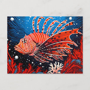 Carte Postale Linocut d'un poisson-Lion dans le récif corallien