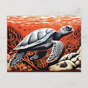 Carte Postale Linocut d'une tortue nageant à travers la barrière
