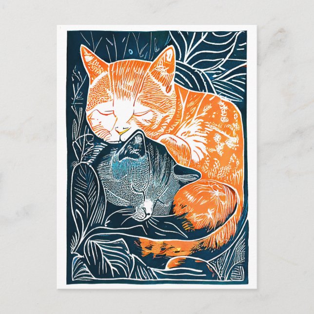 Carte Postale Linogravure Chat noir et rouge se câlinant dans un (Devant)