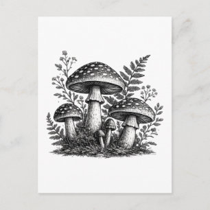 Carte Postale Linogravure de champignons forestiers vintage
