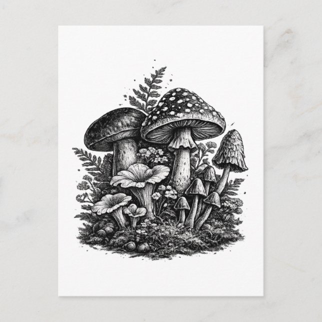 Carte Postale Linogravure de champignons forestiers vintage (Devant)