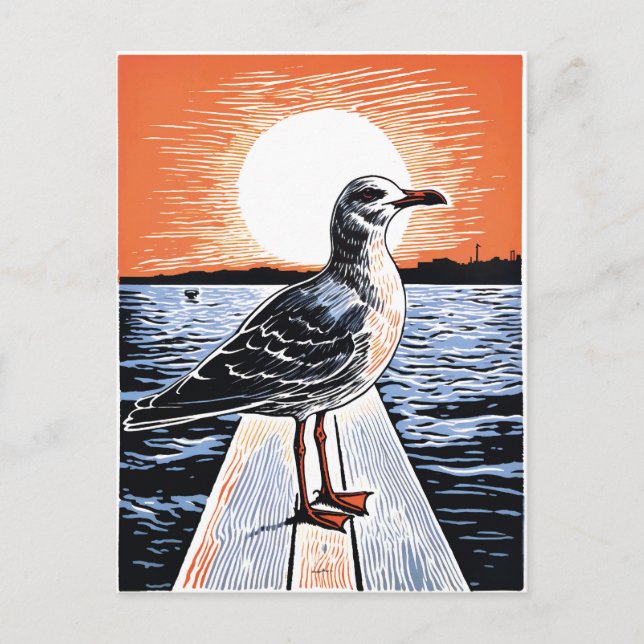 Carte Postale Linogravure de goéland sur une jetée au coucher du (Devant)