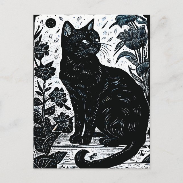 Carte Postale Linogravure d'un chat noir parmi les fleurs (Devant)