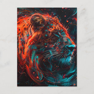 Carte Postale Lion avec Trails lumineux turquoise rougeâtre