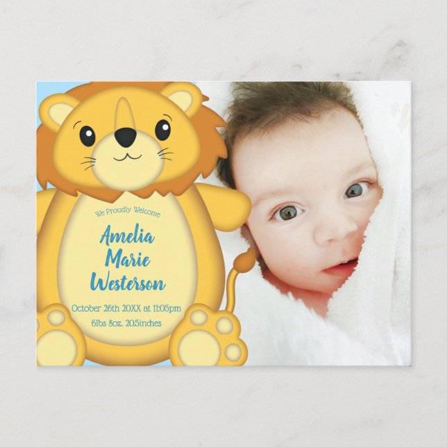 Carte Postale Lion Baby shower Zoo Circus Blue Boy (Devant)