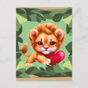 Carte Postale Lion bébé de la jungle au coeur rouge