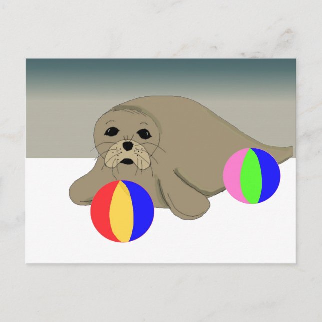 Carte Postale Lion de Mer avec Ballons de Plage (Devant)