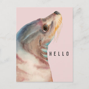 Carte Postale Lion de mer rose mignon HELLO