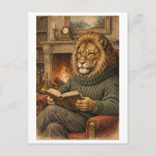 Carte Postale Lion de style vintage lisant un livre