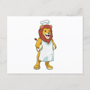 Carte Postale Lion en cuisinier avec toque de chef et tablier de