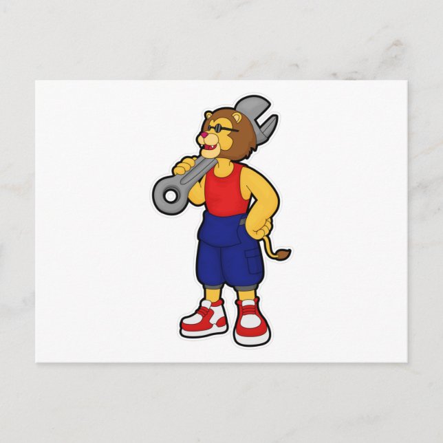 Carte Postale Lion en mécanicien avec clé à écrou (Devant)