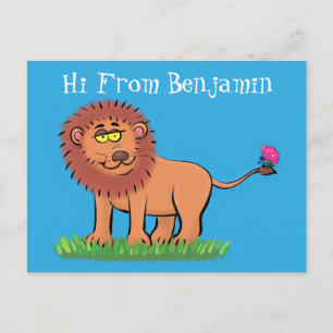 Carte Postale Lion joyeux avec dessin animé de papillon