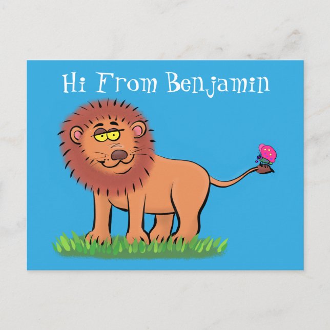 Carte Postale Lion joyeux avec dessin animé de papillon (Devant)