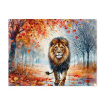 Lion Marcher Dans L'Aquarelle Automne