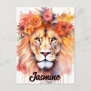 Carte Postale Lion Pastel Fleurs Safari Aquarelle Savannah Chat