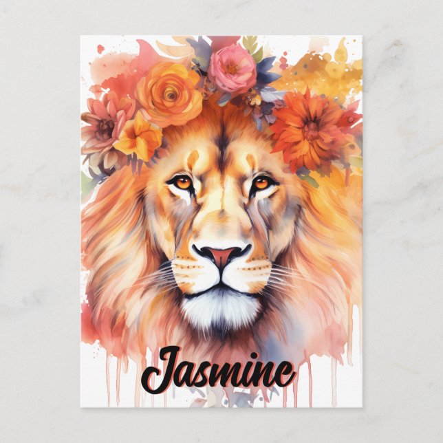 Carte Postale Lion Pastel Fleurs Safari Aquarelle Savannah Chat (Devant)