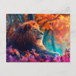 Carte Postale Lion royal dans un design de forêt enchantée
