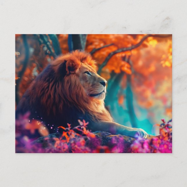 Carte Postale Lion royal dans un design de forêt enchantée (Devant)