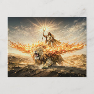 Carte Postale Lion Zodiaque avec Guerrier montant un Lion ailé d