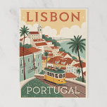 Carte Postale Lisbonne, PORTUGAL<br><div class="desc">affiche vectorielle de Lisbonne, avec le quartier Alfama aux toits rouges, rues étroites et sinueuses, et le tramway jaune classique 28 en descendant une colline. Bâtiments pastel, textures carrelées (azulejos) et quelques palmiers. Utilisez des couleurs plates comme l'orange poussiéreux, turquoise et crème. Titre : "LISBON" en caractères vintages gras en...</div>