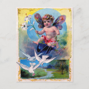 Carte Postale Litho de publicité vintage - ange et colombes