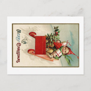 Carte Postale Lithographie vintage de Jeune Garçon en traîneau a