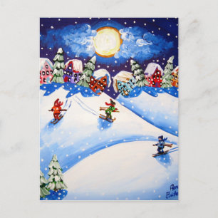 Carte Postale Litte Skieurs Winter Folk Art