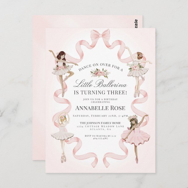Carte Postale Little Ballerina Girl Ballet Anniversaire Invitati (Devant / Derrière)
