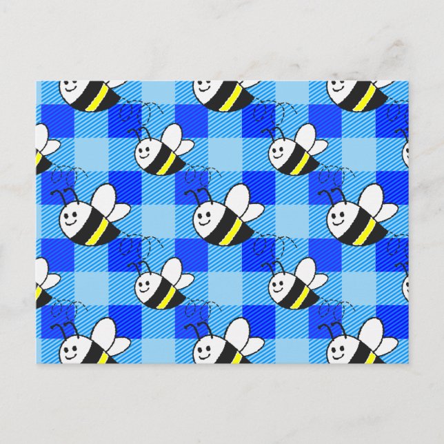 Carte Postale Little Bee Blue Plaid Motif personnalisé (Devant)
