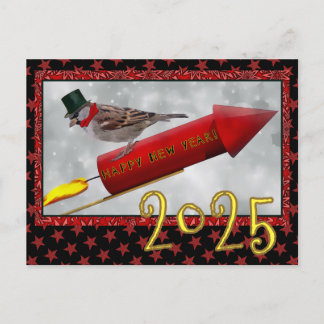 Carte Postale Little Bird Riding Rocket Vintage Bonne année
