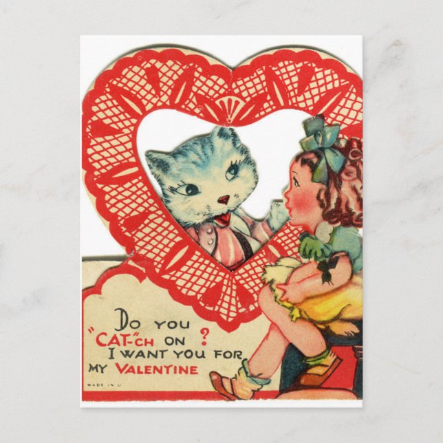 Carte Postale Little Girl & Kitten Vintage Valentine Postcard (Devant)