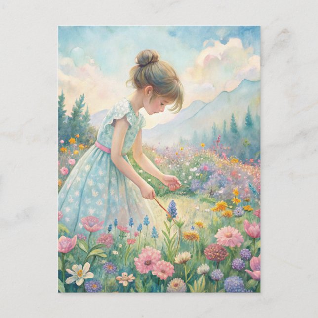 Carte Postale Little Girl Meadow Wildflowers Mountains Pastel (Devant)