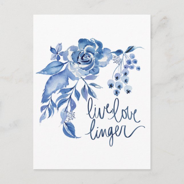 Carte Postale Live Love Linger | Floral Rose bleu (Devant)