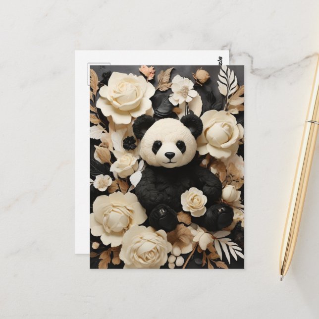 Carte Postale Livre blanc Roses & Panda Bear Valentine (Devant/Arrière en situation)