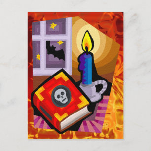 Carte Postale Livre de crâne, chandelle et chauve-souris à l'ext