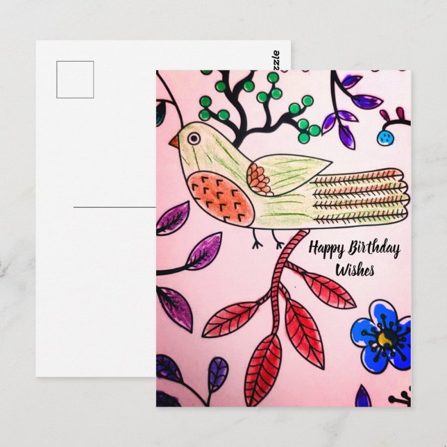 CARTE POSTALE LIVRE OISEAU ROSE ORANGE BLEU  |  Co (Devant / Derrière)