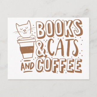 Carte Postale livres chats et café
