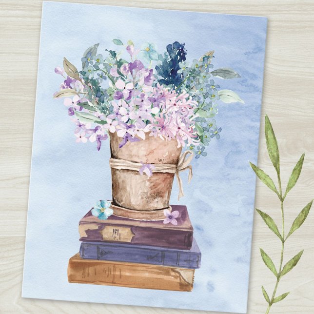 Carte Postale Livres et Fleurs d'Art Bleu Violet (Close up)