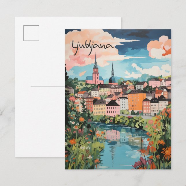 Carte Postale Ljubljana Slovenia Travel City Painting Aesthetic (Devant / Derrière)