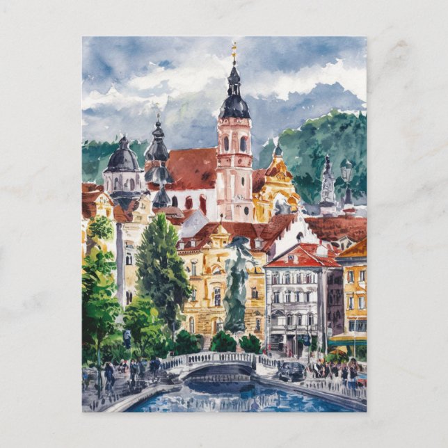 Carte Postale Ljubljana, Slovénie Peinture de voyage (Devant)