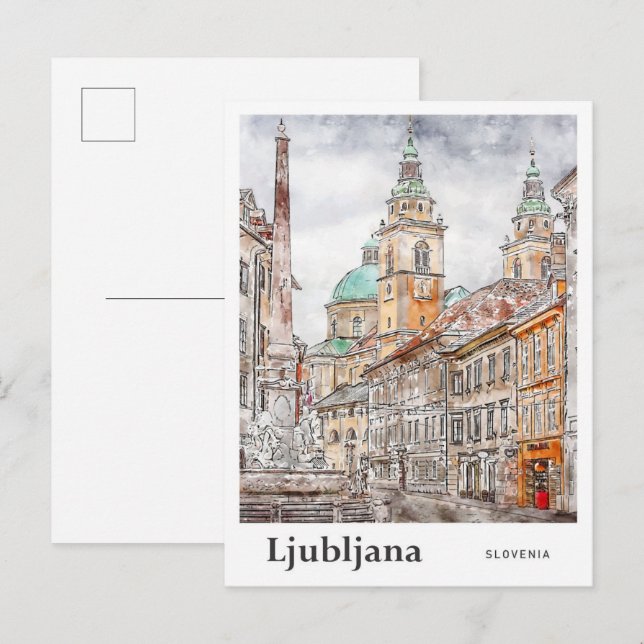 Carte Postale Ljubljana Slovénie Voyage Aquarelle Dessinée à la  (Devant / Derrière)