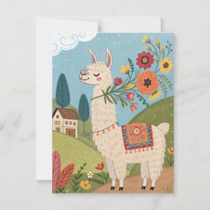 Carte Postale Llama avec fleurs art folklorique