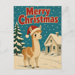 Carte Postale Llama Cottage Neige Animal Noël