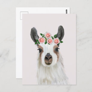 Carte Postale Llama Fluffée Cute Avec Couronne Fleur Rose Rose