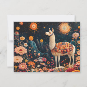 Carte Postale Llama lunaire dans un paysage floral étoilé